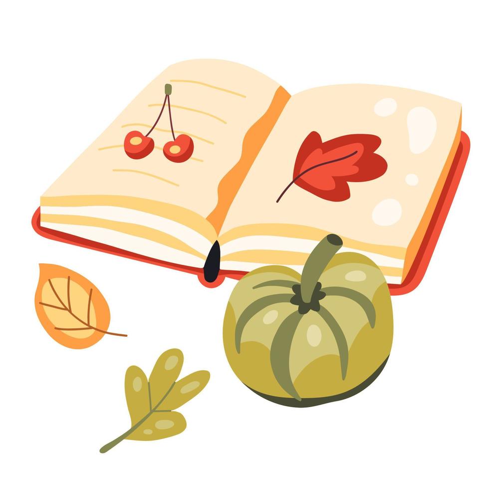 herbstillustration mit offenem buch, kürbis und blättern vektor