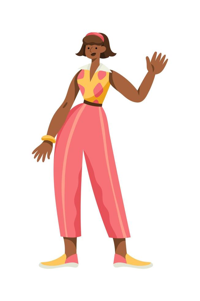 Fröhliche schwarze Frauen in Retro-Kleidung aus den 1960er Jahren stehen und winken mit der Hand vektor