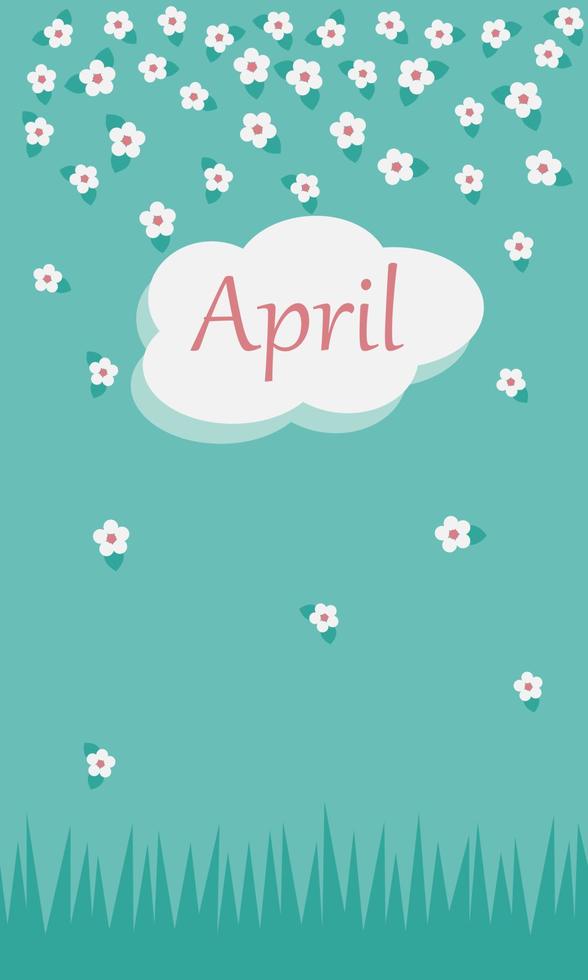 April. Frühlingsbanner. Farbe. Blühender Baum, Gras, Wolken. Türkisfarbener Hintergrund. geeignet für Postkarten, Kalender, Werbeartikel. Cartoon-Vektor-Illustration. vektor