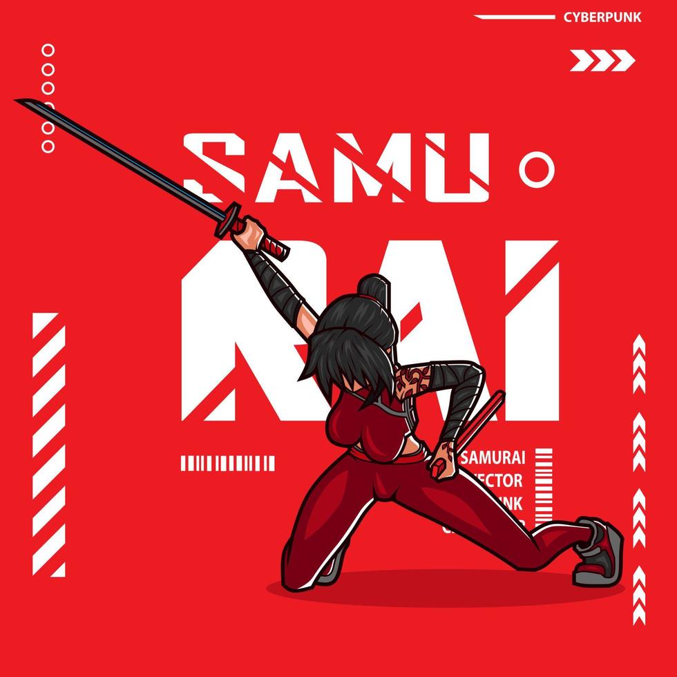 samuraj kvinna cyberpunk fiktion t-shirt färgrik design. abstrakt vektor illustration.