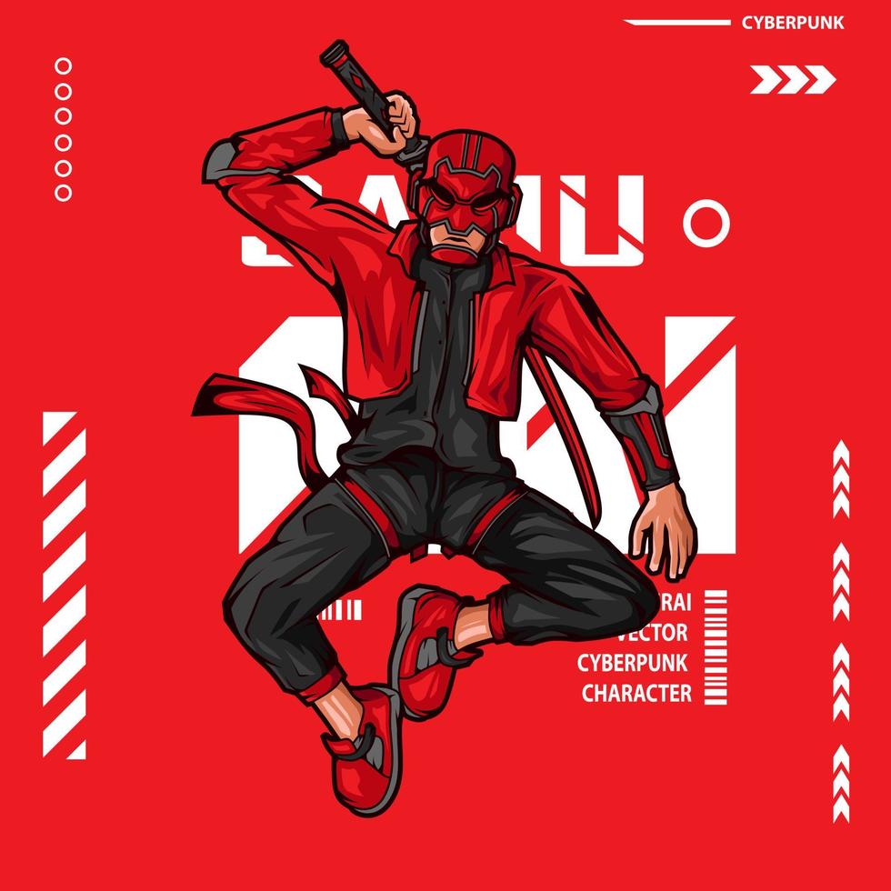 Samurai-Helden-Cyberpunk-Fiction-Charaktervektor. bunte T-Shirt-Designillustration. vektor