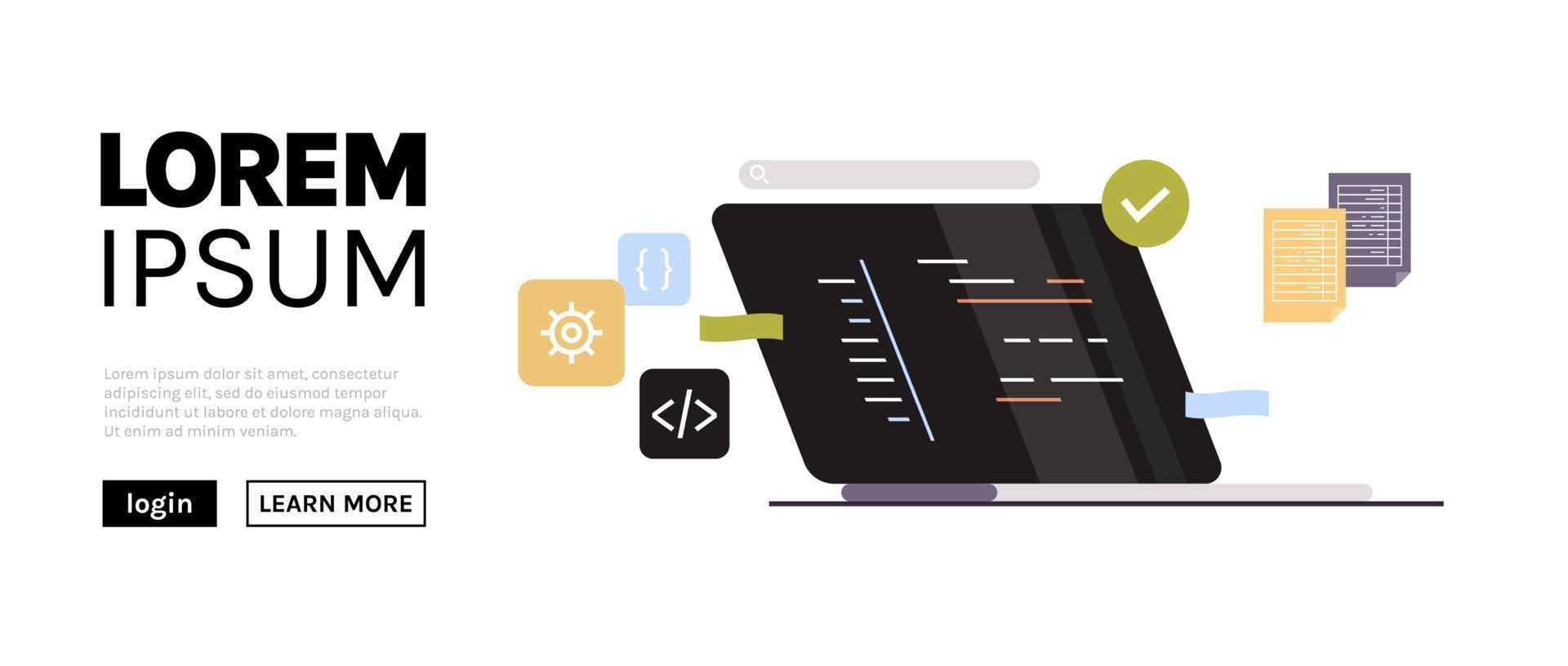 utvecklande ny programvara på bärbar dator och frilans utvecklare programmering, kodning, utveckling bearbeta begrepp platt vektor illustration.