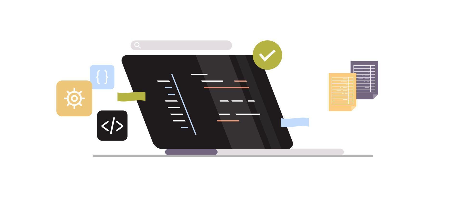 utvecklande ny programvara på bärbar dator och frilans utvecklare programmering, kodning, utveckling bearbeta begrepp platt vektor illustration.