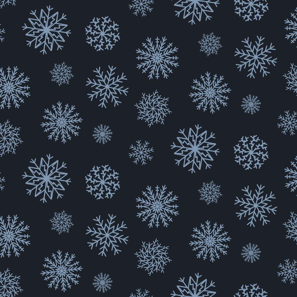 süßes weihnachtsnahtloses muster mit schneeflocken lokalisiert auf dunklem hintergrund. frohes neues jahr tapete und verpackung für saisonales design, textil, dekoration, grußkarte. handgezeichnete drucke und gekritzel. vektor