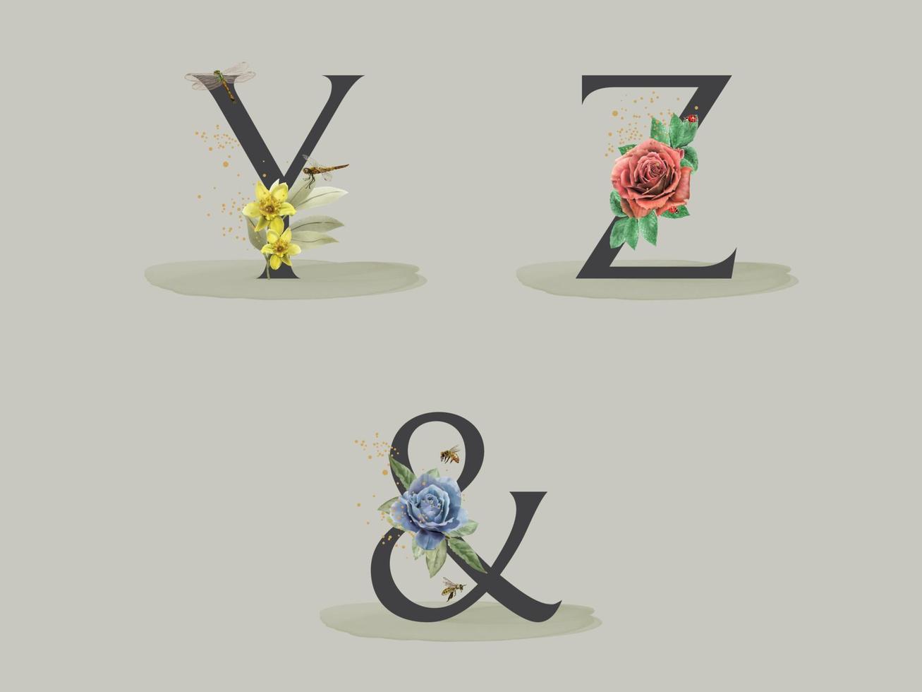 skön blommig alfabet uppsättning med hand dragen blomma och löv vektor