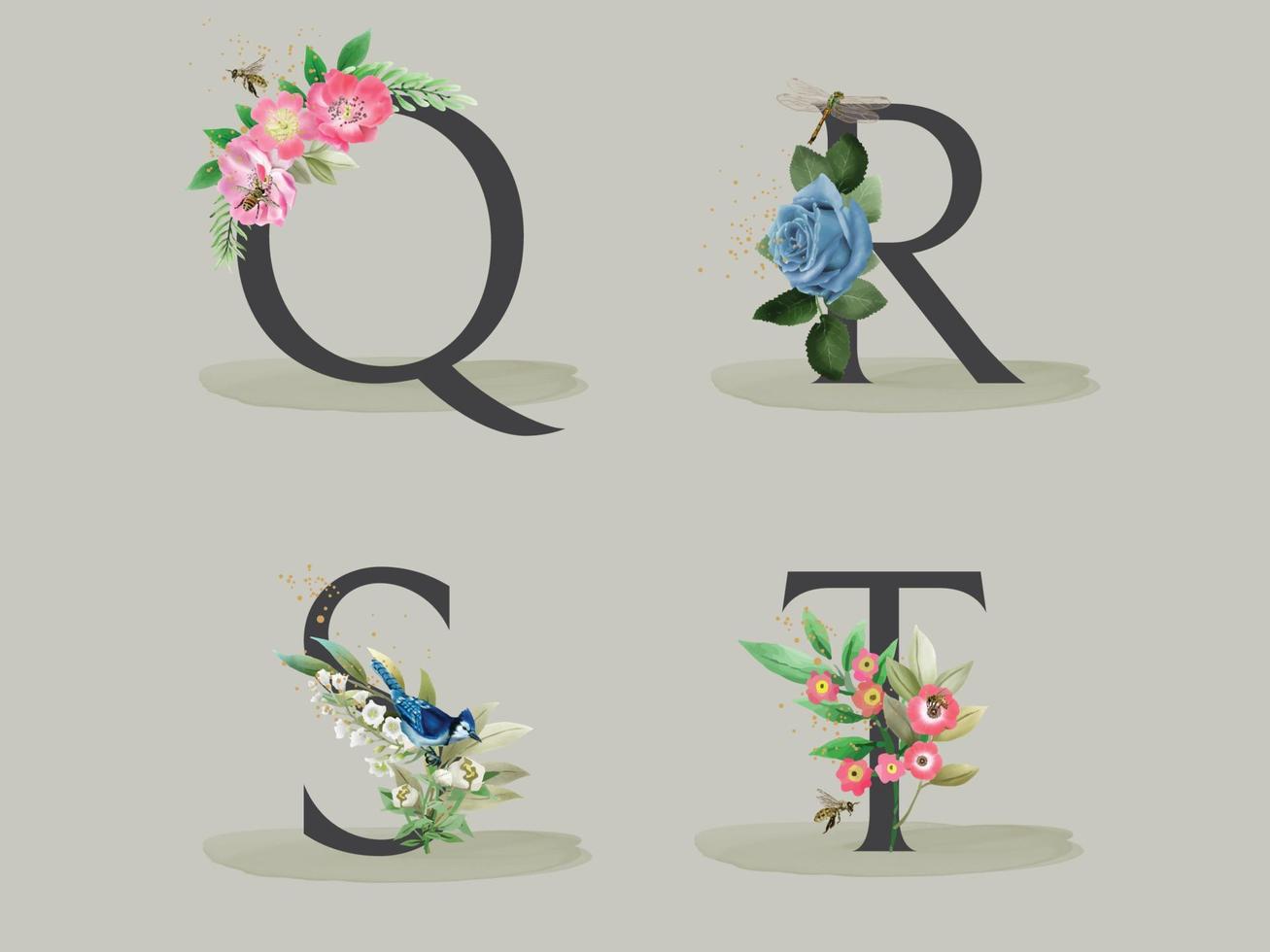 wunderschönes florales alphabet mit handgezeichneten blumen und blättern vektor