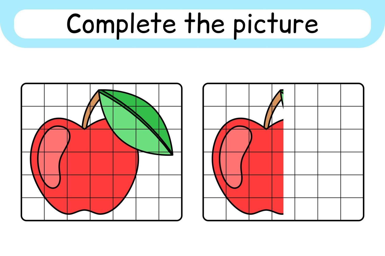 komplett de bild äpple. kopia de bild och Färg. Avsluta de bild. färg bok. pedagogisk teckning övning spel för barn vektor