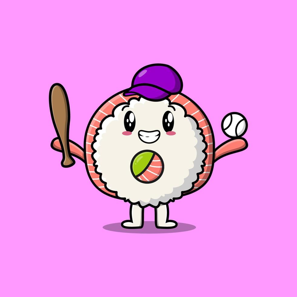 Cartoon-Reis-Sushi-Rollen-Sashimi, der Baseball spielt vektor