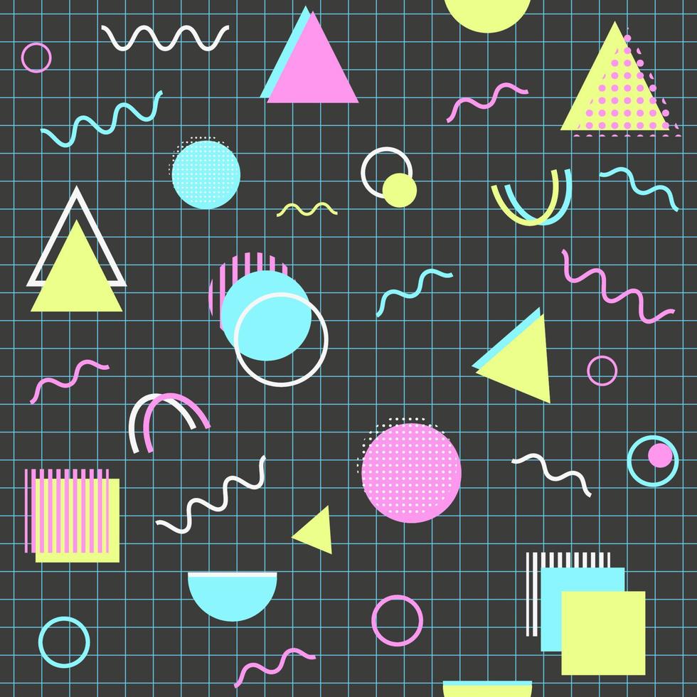 memphis geometrischer abstrakter hintergrund. modernes Hipster-Muster mit geometrischen Figuren, Halbtonpunkten, grafischen Linien. rosa, blaue, grüne, weiße formen auf schwarzem hintergrund. Stil der 80er, 90er. Vektor