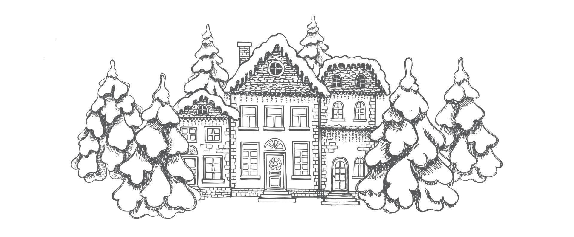 Illustration von Häusern. Weihnachtsgrußkarte. Reihe von handgezeichneten Gebäuden. vektor