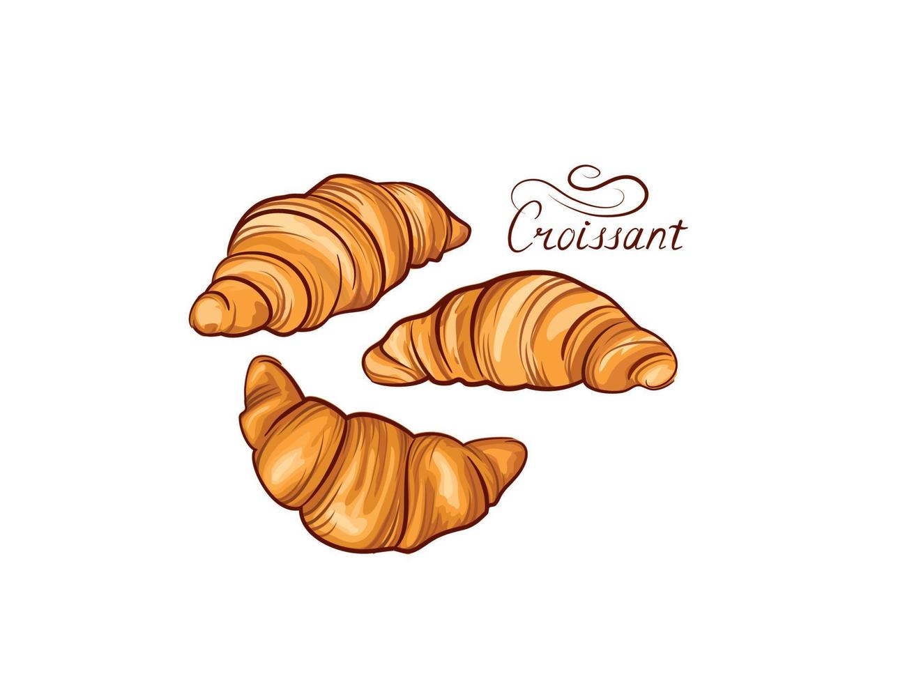 croissant fransk mat Ikonuppsättning. bageri mat hand ritning linjekonst över vit bakgrund. tårta till frukost banner vektor