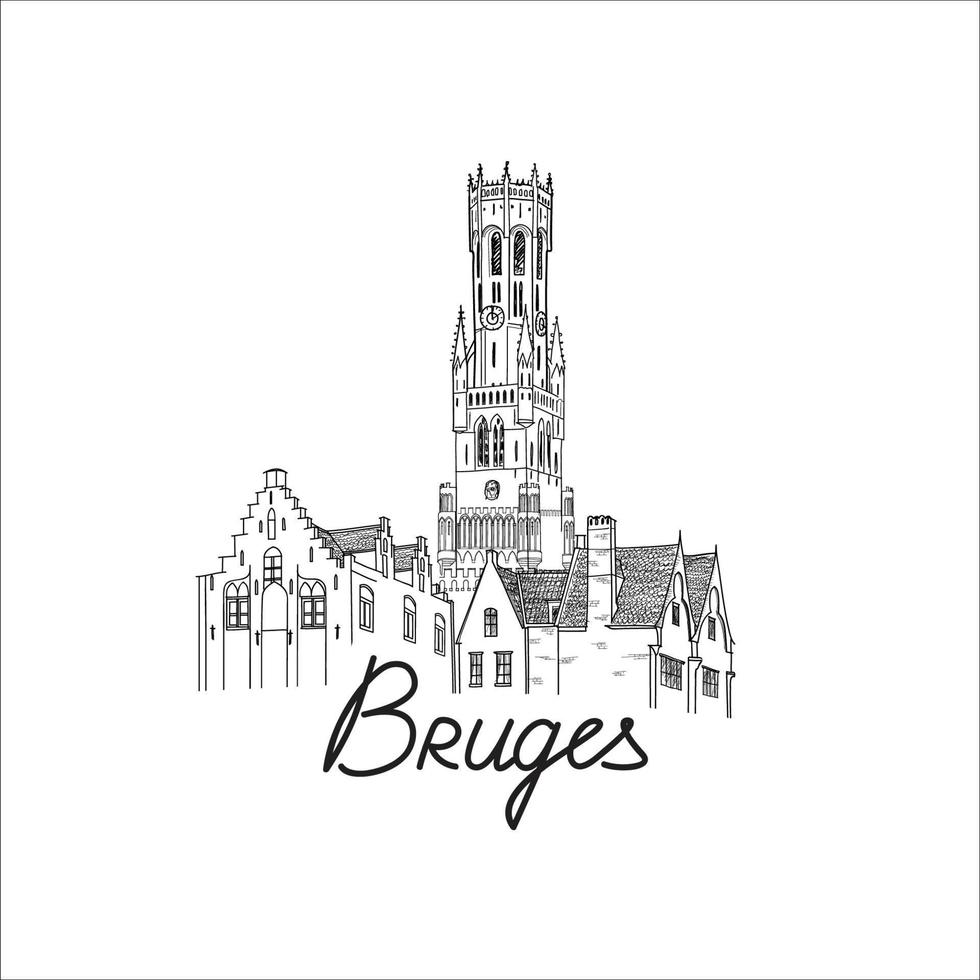 Skyline von Brügge, Belgien. schöne stadtturm reise wahrzeichen linie kunstzeichnung. Straßenstadtbild. Weltlandschaftstourismus-Reiseplakat. mittelalterliche Architektur vektor