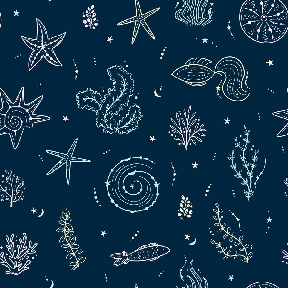 sömlös mönster med snäckskal, tång, fisk och sjöstjärnor. marin mörk blå bakgrund. för utskrift, tyg, textil, tillverkning, bakgrundsbilder. under de hav vektor