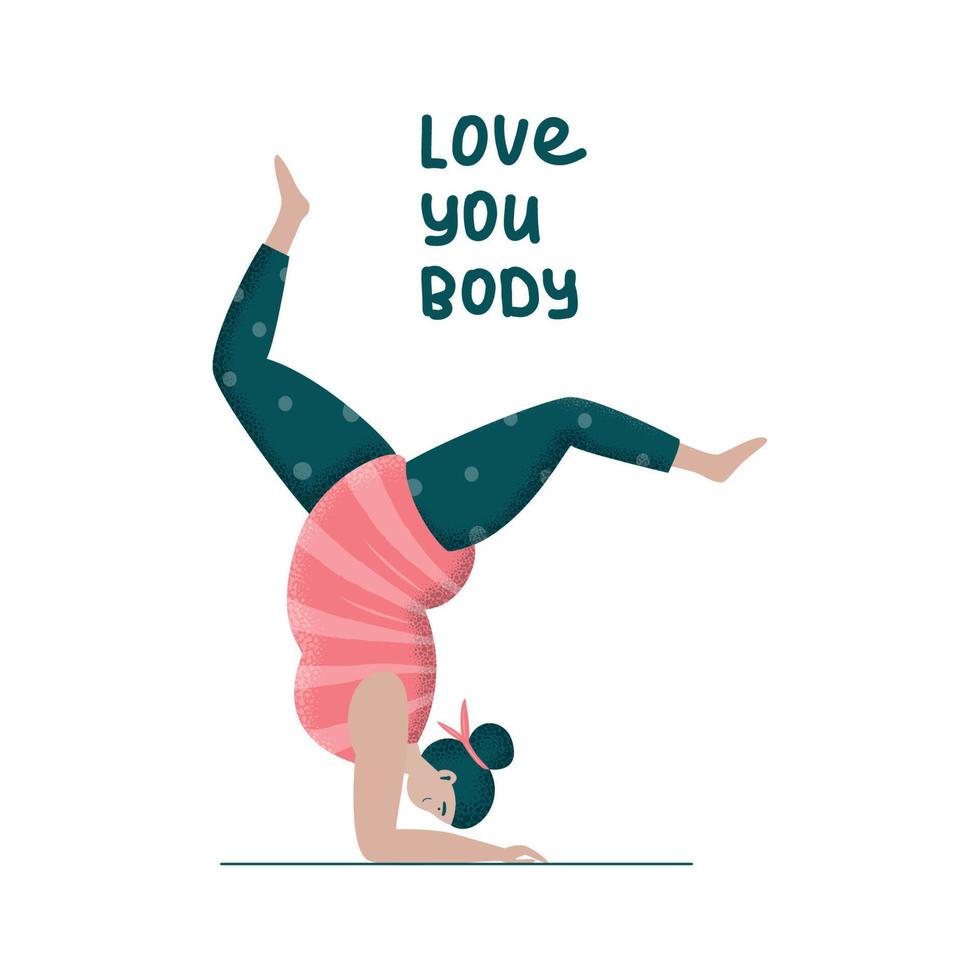 liebe deinen Körper. bodypositive Frau in Übergröße, die Yoga macht. trendige flache vektorillustration für drucke, poster, banner. Feminismus, Akzeptanz und Freiheit vektor
