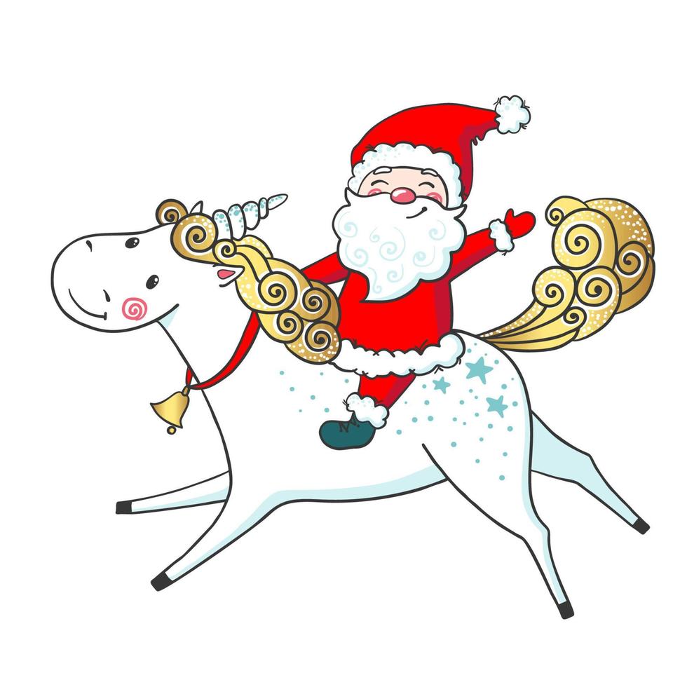 hand gezeichnetes süßes einhorn und weihnachtsmann lokalisiert auf weißem hintergrund. Cartoon-Fantasie-Tier. Traumsymbol. Weihnachtskonzept. Vektor-Illustration. vektor