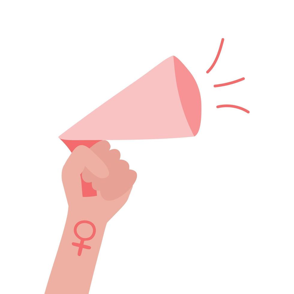Megaphon-Lautsprecher auf weißem Hintergrund. Plakat für Frauenrechte, Girl-Power-Konzept. frauenrechte, feminismusdruck vektor