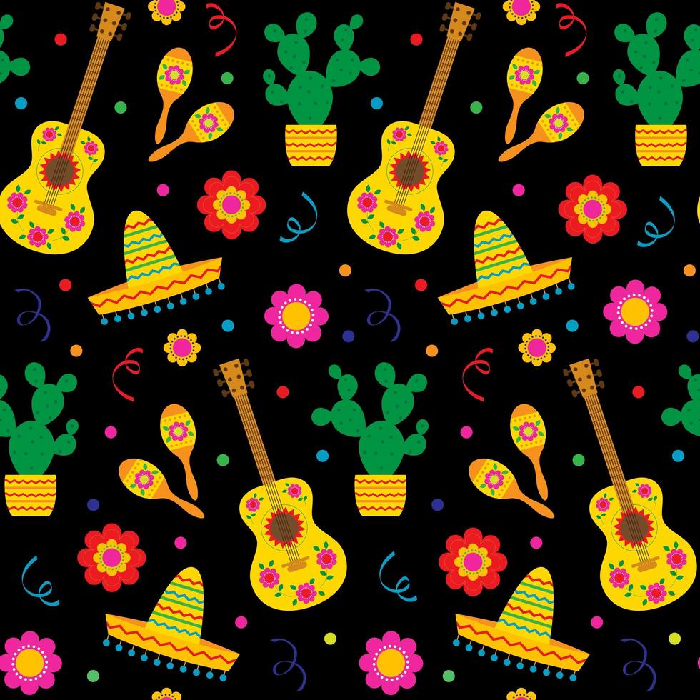 cinco de mayo gitarrer och sombreros sömlösa mönster vektor