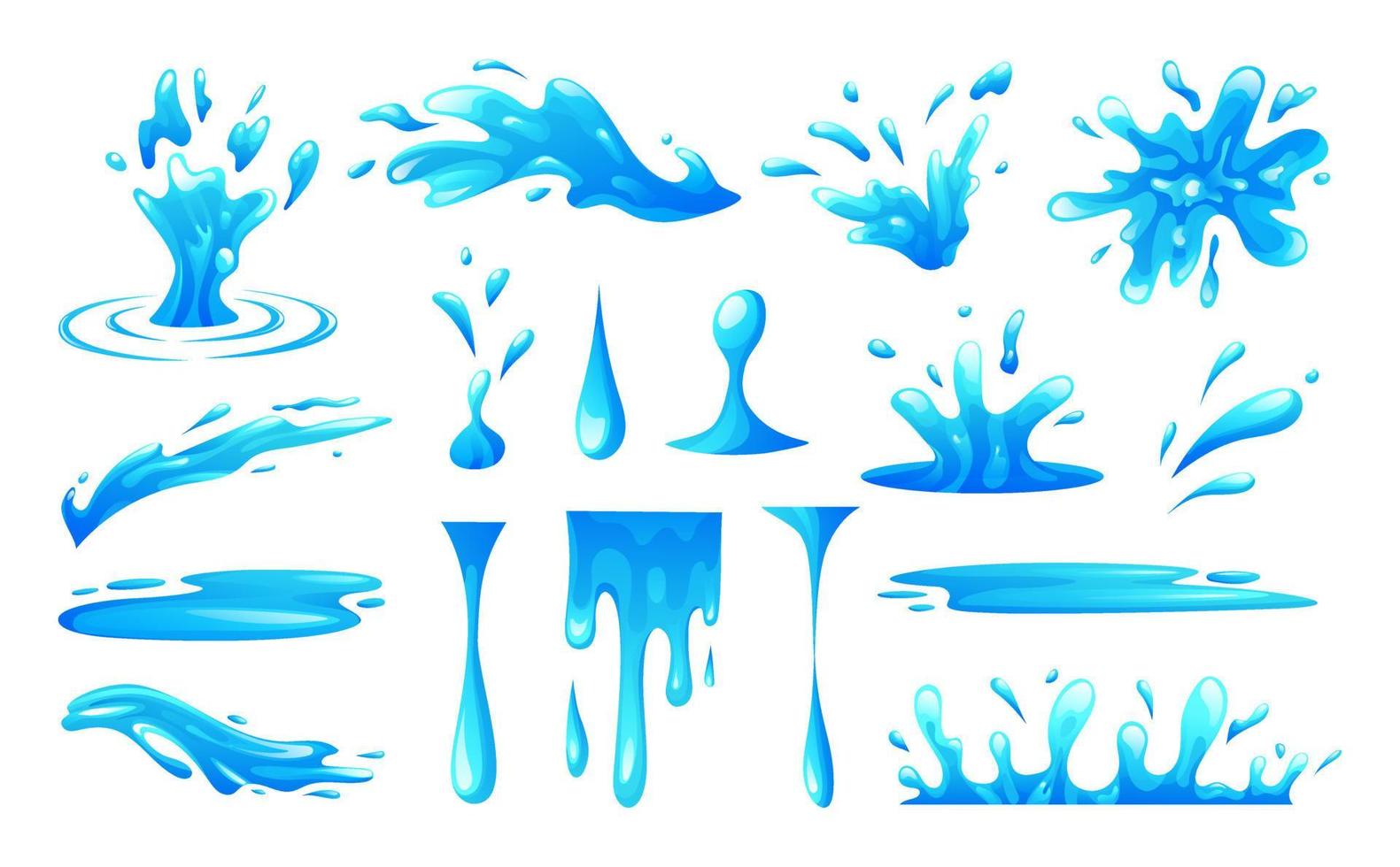 uppsättning av vatten stänk, vatten släppa och vatten spill vektor illustration