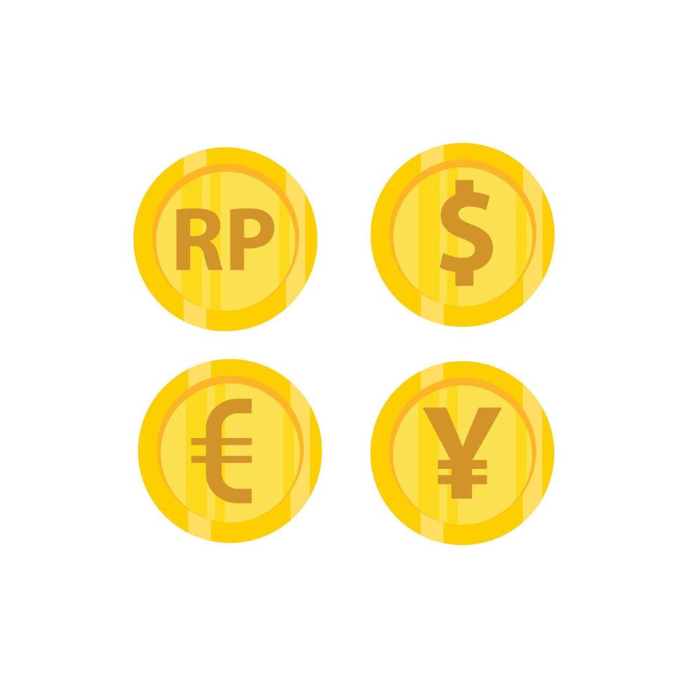 vektorillustration von goldmünzen, währung, ersparnissen, geld, dollar, yuan, rupiah, euro. vektor