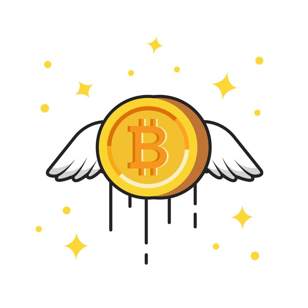 fliegende gold bitcoin cartoon vektor symbol illustration. Finanzgeschäftskonzept isolierter Premium-Vektor. flacher Cartoon-Stil