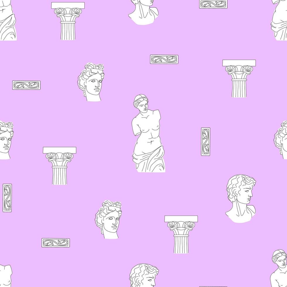 sömlös vintage mönster med antika statyer på en rosa bakgrund. vektor