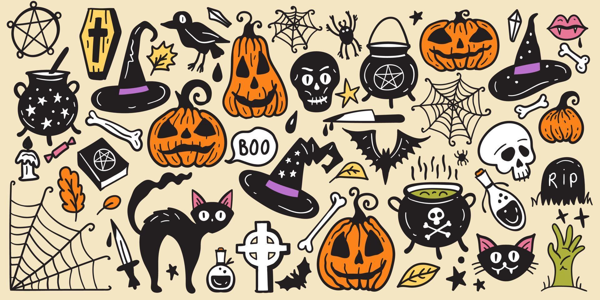 ljus samling av halloween klistermärke skiss uppsättning. stor uppsättning av hand dragen klotter. samling halloween och magi element. pumpor, spöke, skalle, svart katt, pott, hatt. vektor