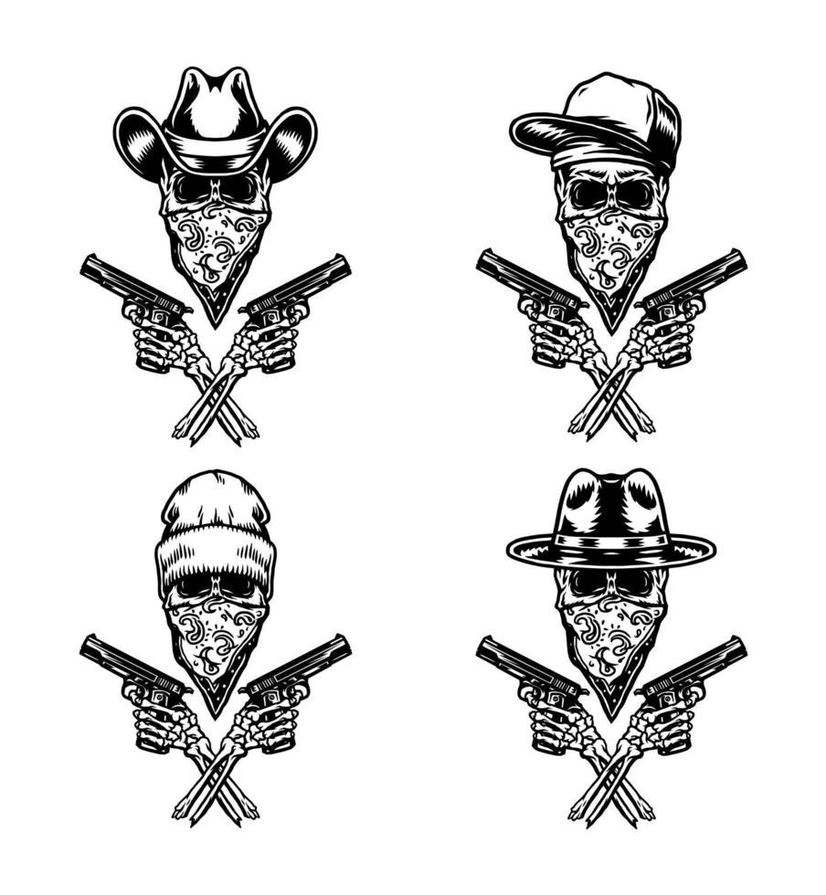 Satz von Banditen mit Waffe, isoliert auf weißem Hintergrund vektor