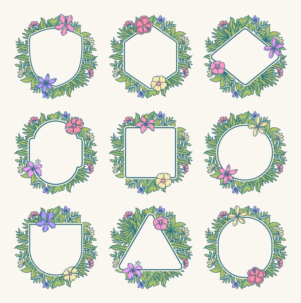 tropische Blumenrahmensammlung, handgezeichnete Linie mit digitaler Farbe, Vektorillustration vektor