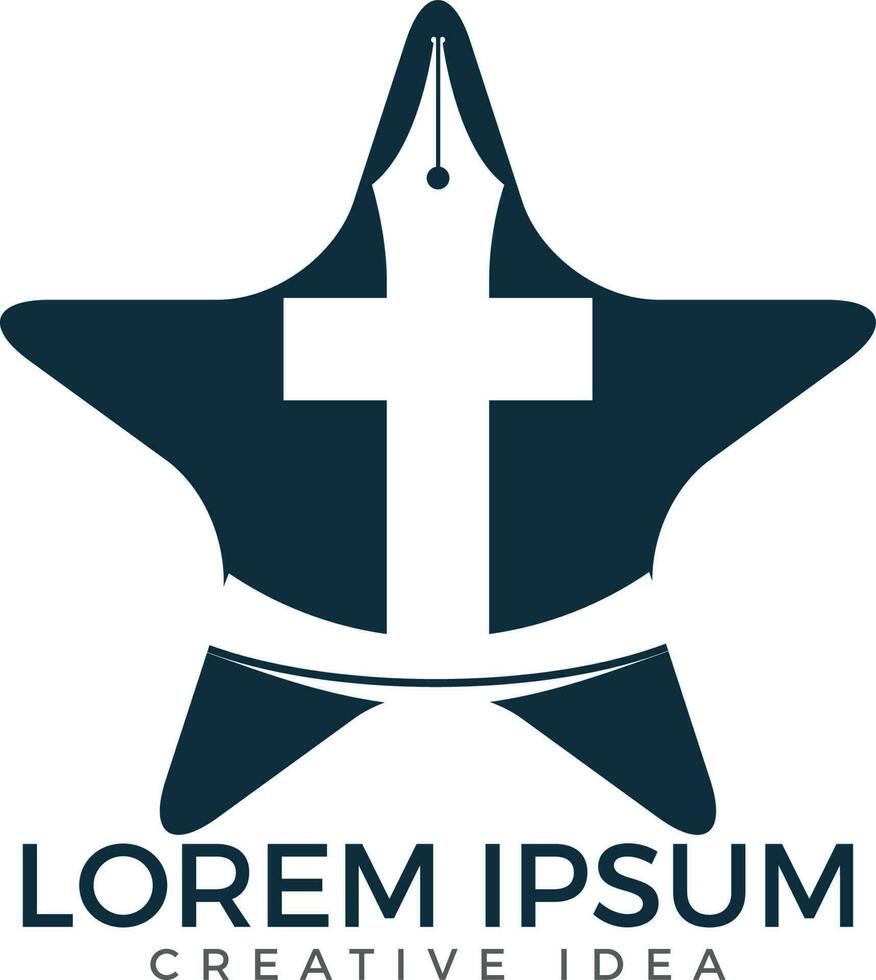 stjärna kristen kyrka vektor logotyp design. crucifixion och penna spets ikon. religiös pedagogisk symbol. bibel inlärning och undervisning klass.