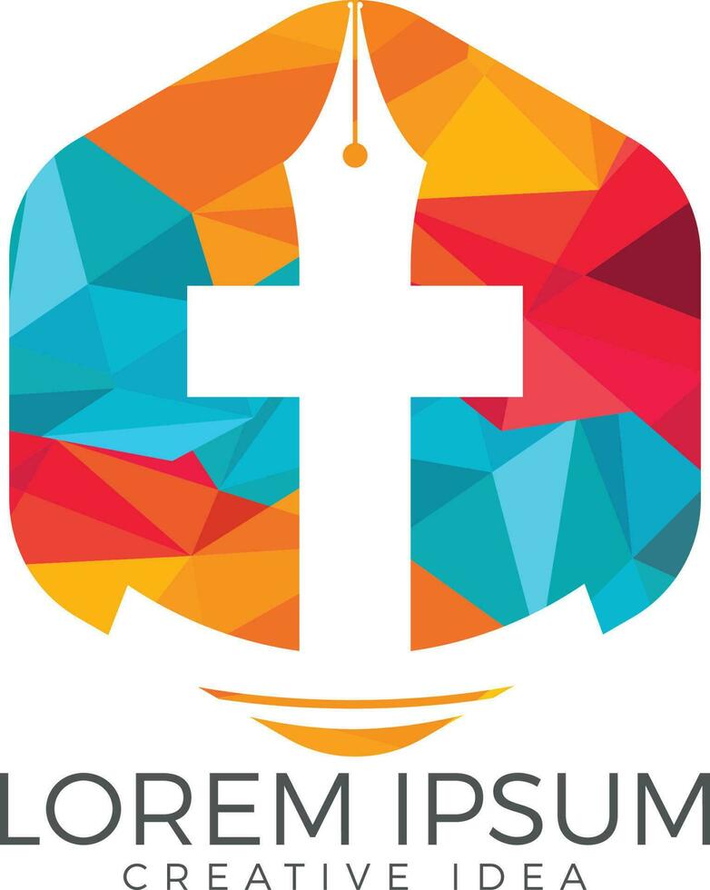 kristen kyrka vektor logotyp design. crucifixion och penna spets ikon. religiös pedagogisk symbol. bibel inlärning och undervisning klass.
