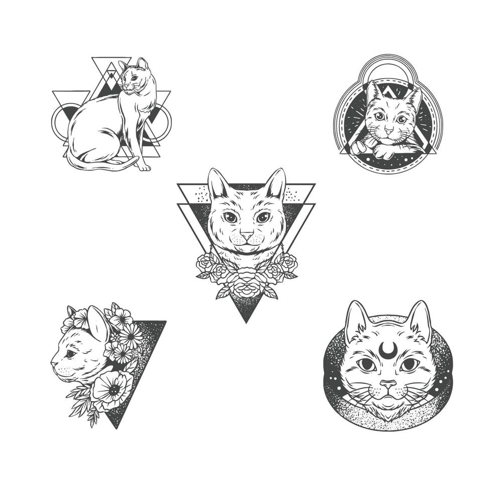 minimalistisk tatuering klistermärke uppsättning med sällskapsdjur katt tema vektor