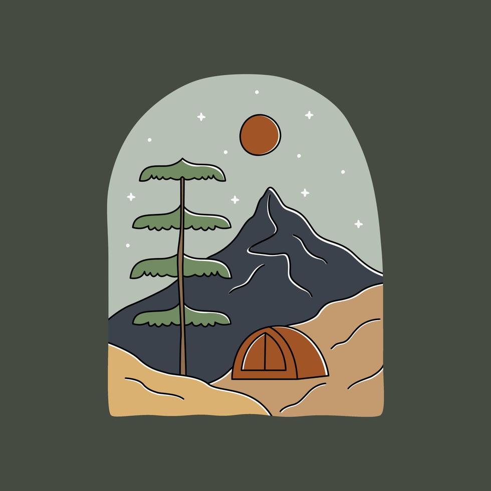 Naturcamping und Bergdesign für Abzeichen Patch Emblem Grafik Vektorkunst T-Shirt Design vektor