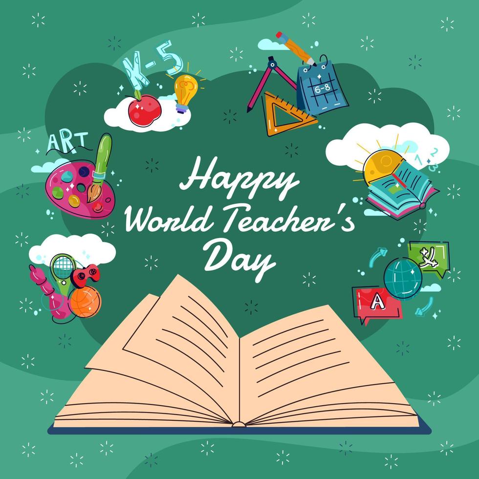 Feiern Sie den Tag des Weltlehrers mit dem Symbol für Schulgegenstände vektor
