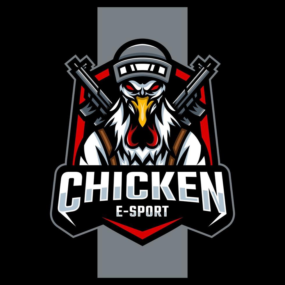kyckling tupp maskot med skjutvapen. e sport logotyp design vektor