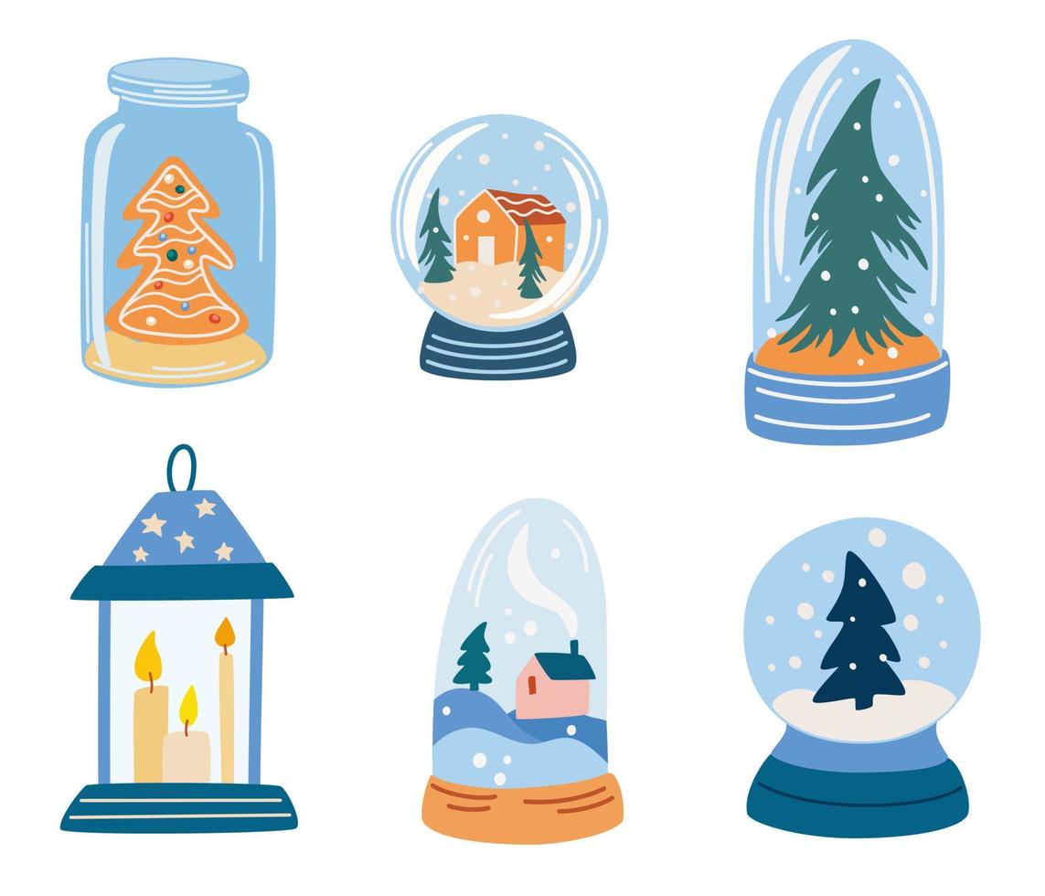 Kristallschneekugeln mit Winterlandschaft und Haus. magische glaskugeln für das winterweihnachtsferienkonzept. Schneekugeln Symbol Konzept Zeichnung Symbol im modernen Stil. hand gezeichnete vektorillustration vektor