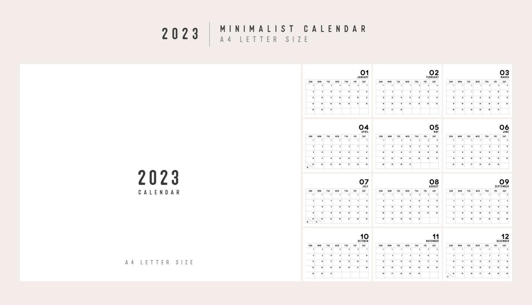 2023 kalender planerare minimalistisk stil. klassisk minimal kalender planerare design för utskrift mall uppsättning av 12 sidor skrivbord kalender. vektor illustration