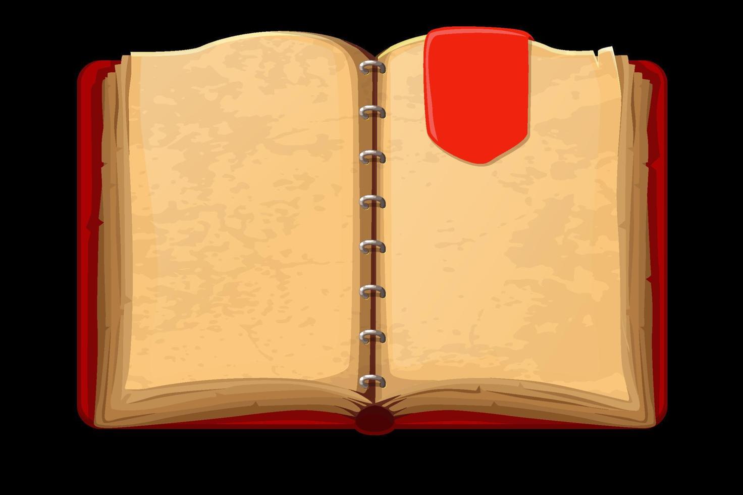 gammal öppen tom röd bok med en bokmärke. vektor illustration isolerat årgång bok mall för grafisk design.