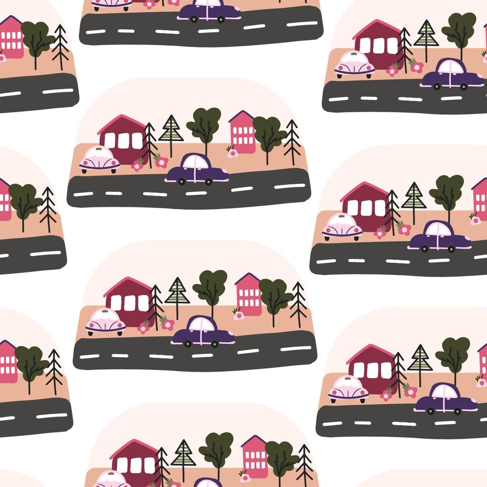 Nahtloses Muster mit handgezeichneten Autos und Häusern, Bäumen im skandinavischen Stil, Cartoon-Kinderhintergrund, helle Textur zum Thema Auto, stilvolle und einfache Illustration, Vektordruck vektor