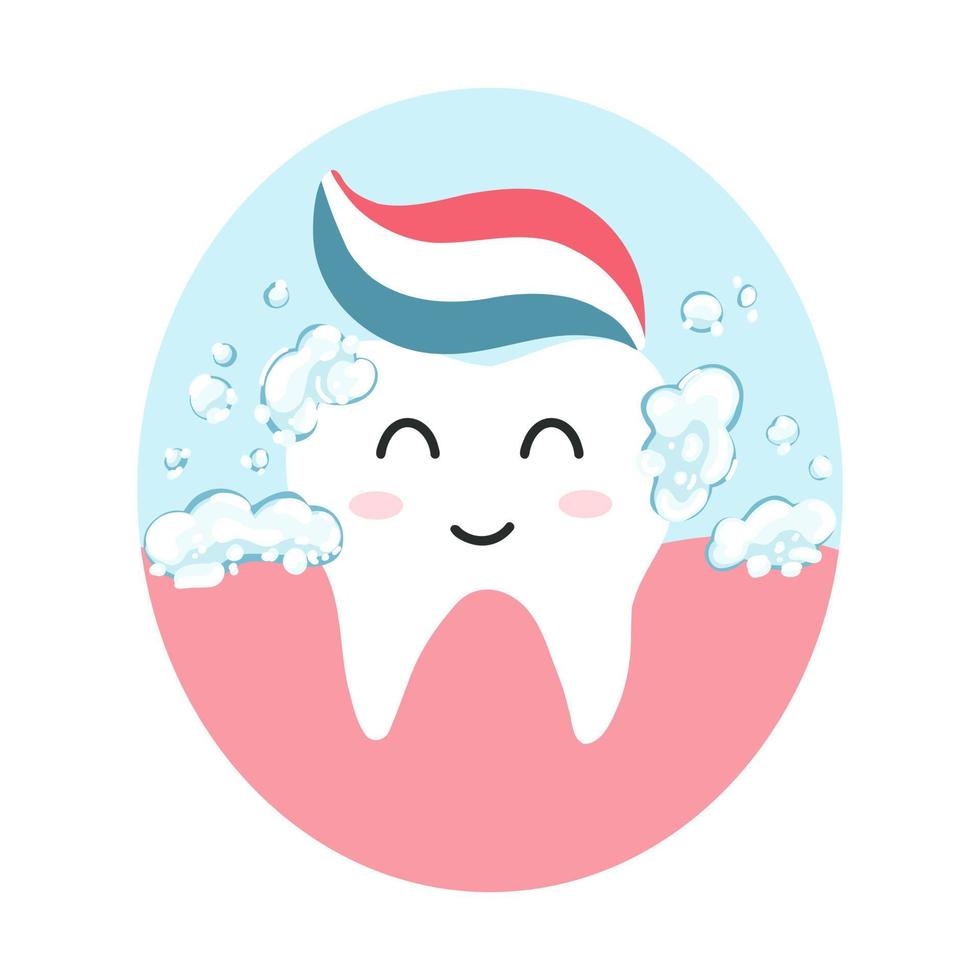 söt Lycklig tand med tandkräm i tecknad serie platt stil. vektor illustration av rena friska tänder karaktär, dental vård begrepp, oral hygien