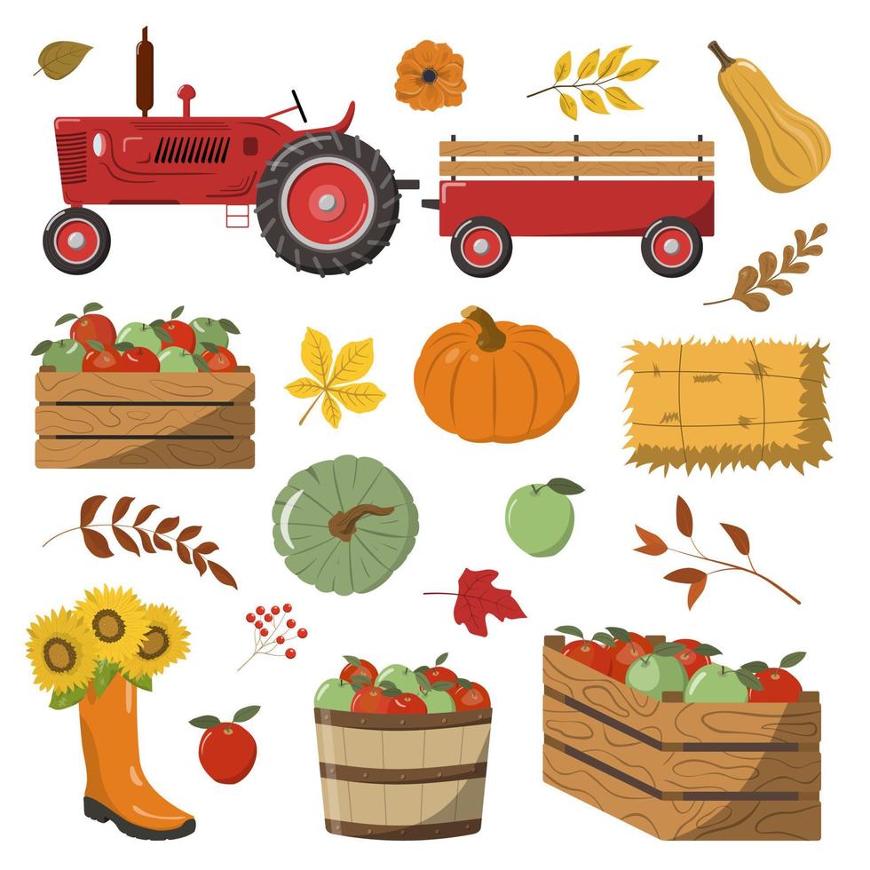 landwirtschaftliche Erntesammlung. Traktor mit Anhänger, Äpfel in Eimer und Kiste, Kürbisse, Heustroh. isoliert auf weißem Hintergrund. Erntedankfest-Design. vektor