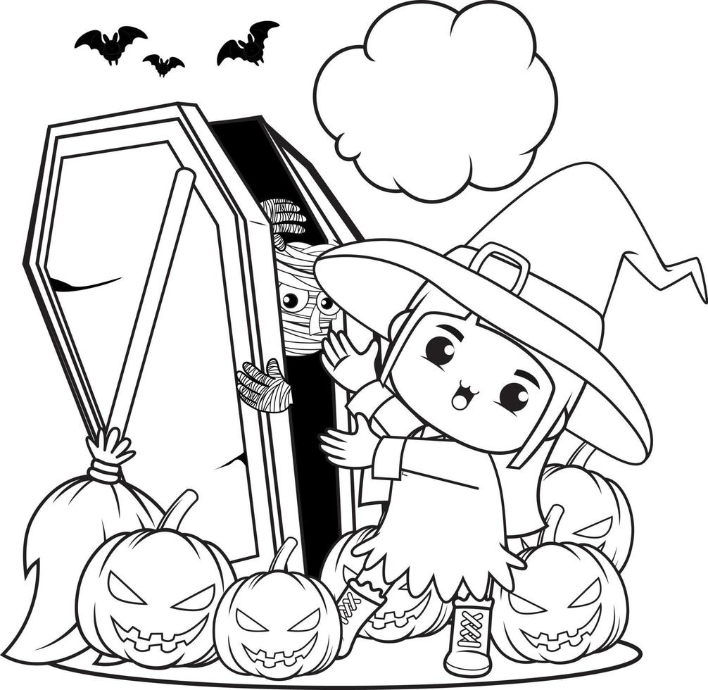 halloween färg bok söt liten flicka häxa vektor