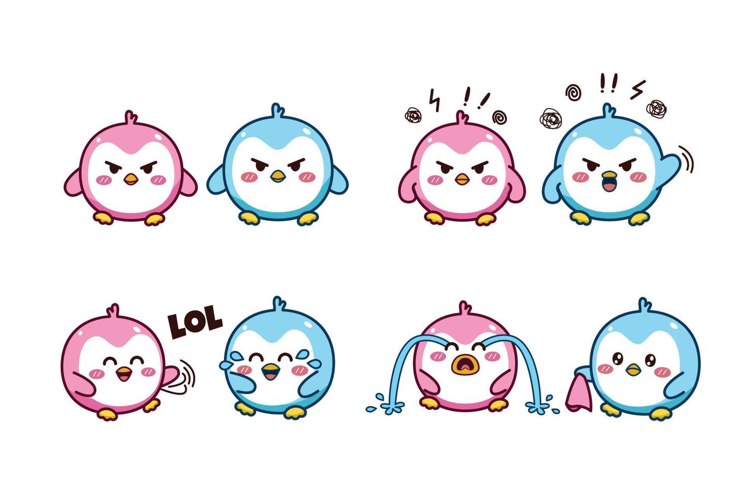 uppsättning av söt söt par blå och rosa liten pingvin för social media klistermärke emoji arg skrattande ut högt gråta uttryckssymbol vektor