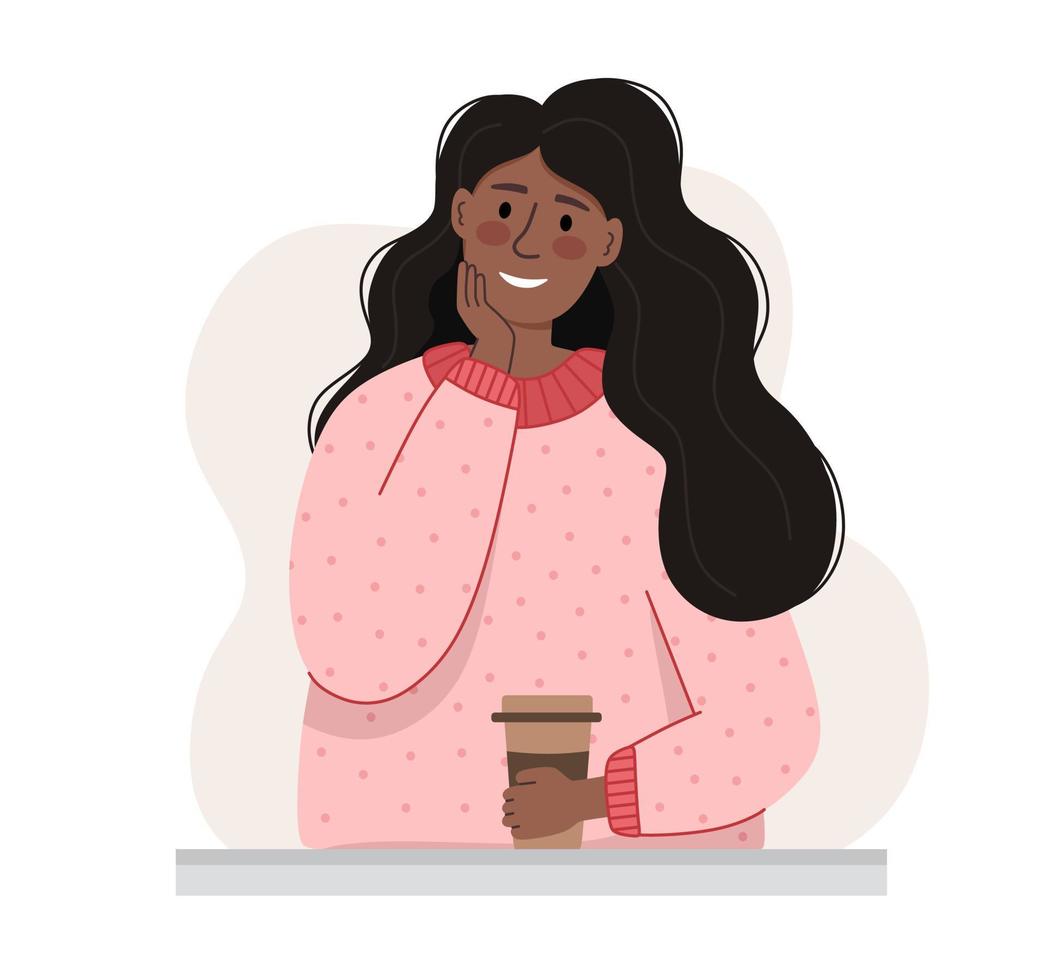 ein dunkelhäutiges mädchen in einer rosa bluse mit einer tasse kaffee. das Konzept eines Cafés. vektorillustration in einem flachen stil vektor