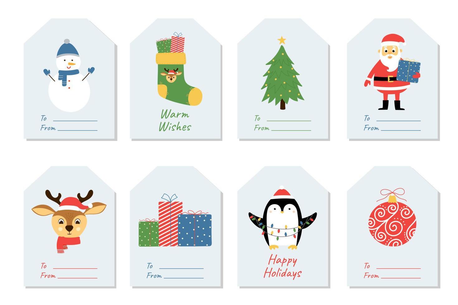 satz weihnachts- und feiertagsgeschenkanhänger. etiketten mit geschenkboxen, pinguin, weihnachtsmann, weihnachtshirsch und weihnachtsbaum. vektor