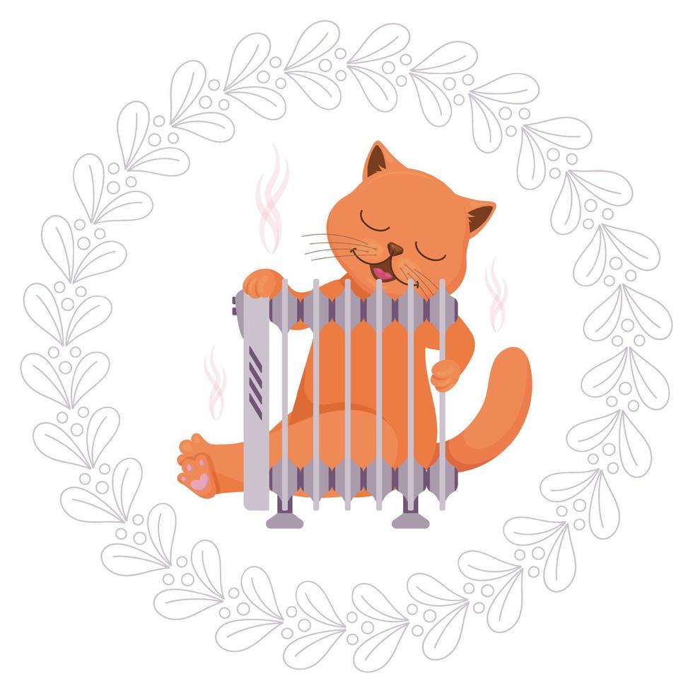 Katze mit einer Batterie. schöne Haustiere wärmen sich in der Nähe der Batterie. Vektor-Illustration. Bild isoliert auf weiß. Cartoon-Stil. vektor