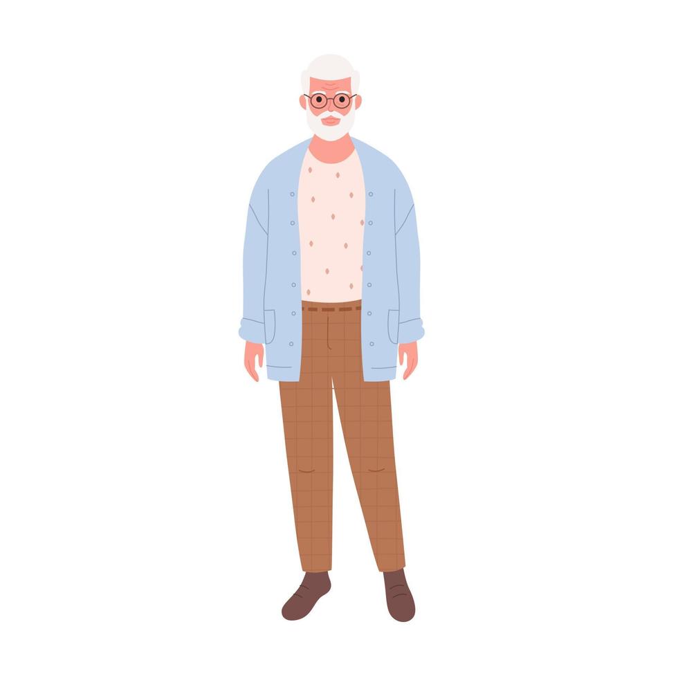 äldre gråhårig man med skägg och mustasch i glasögon och eleganta modern se. leende senior morfar i modern utrusta. pensionerad man. vektor