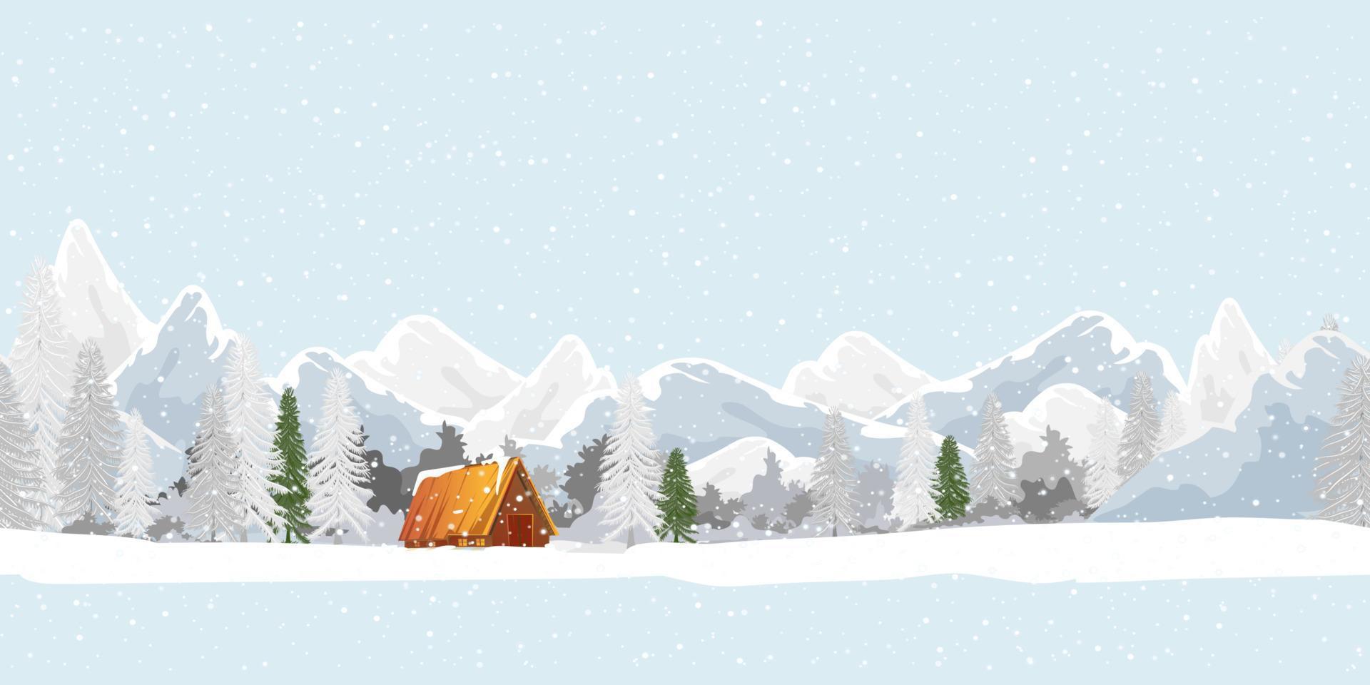 sömlös mönster vinter- landskap med snöar på skog tall träd, bergen på blå himmel, upprepa mönster vinter- sagoland med bruka hus i by, vektor natur för jul eller ny år bakgrund