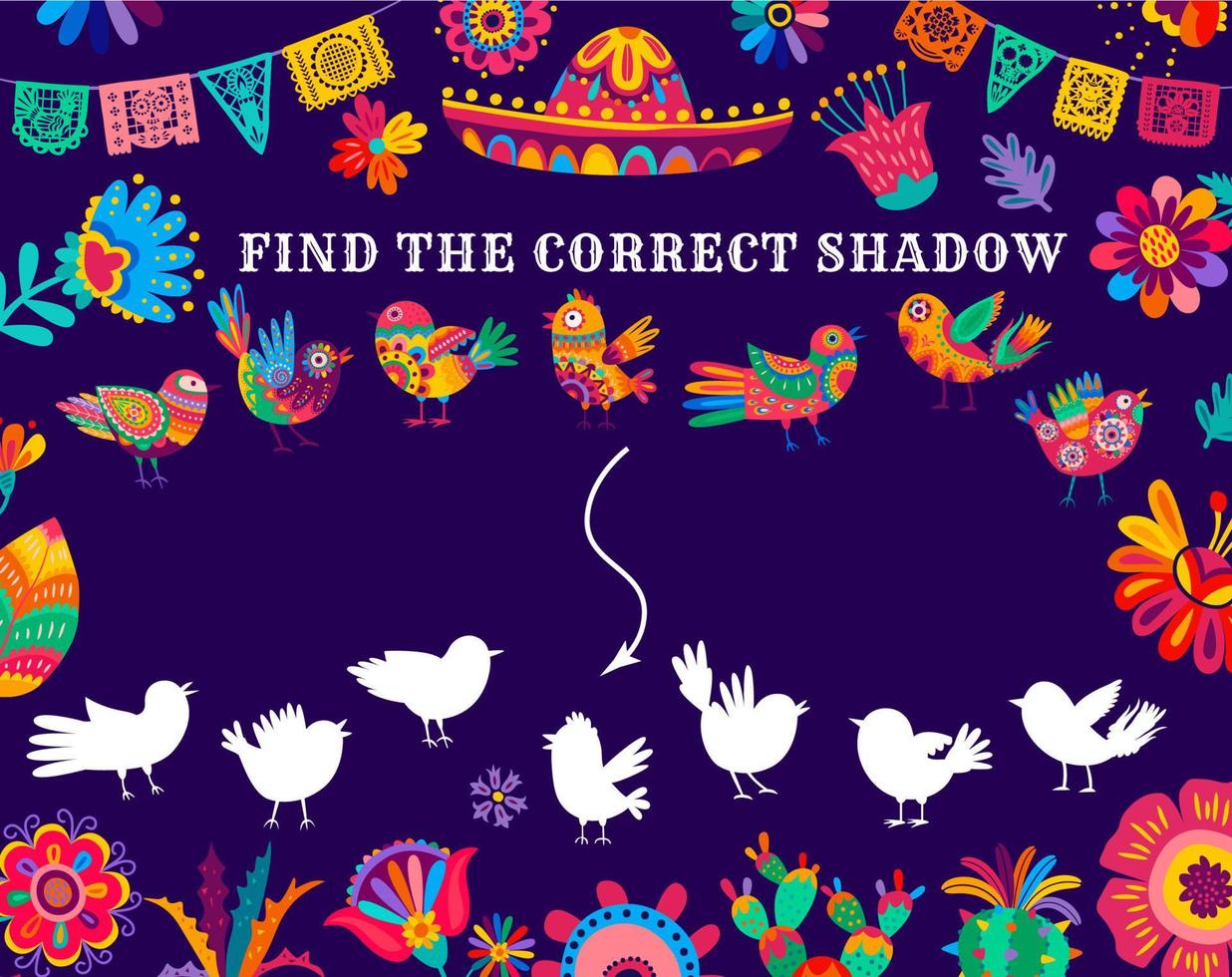 Finde den richtigen Schatten von Alebrije-Vögeln Kinderspiel vektor
