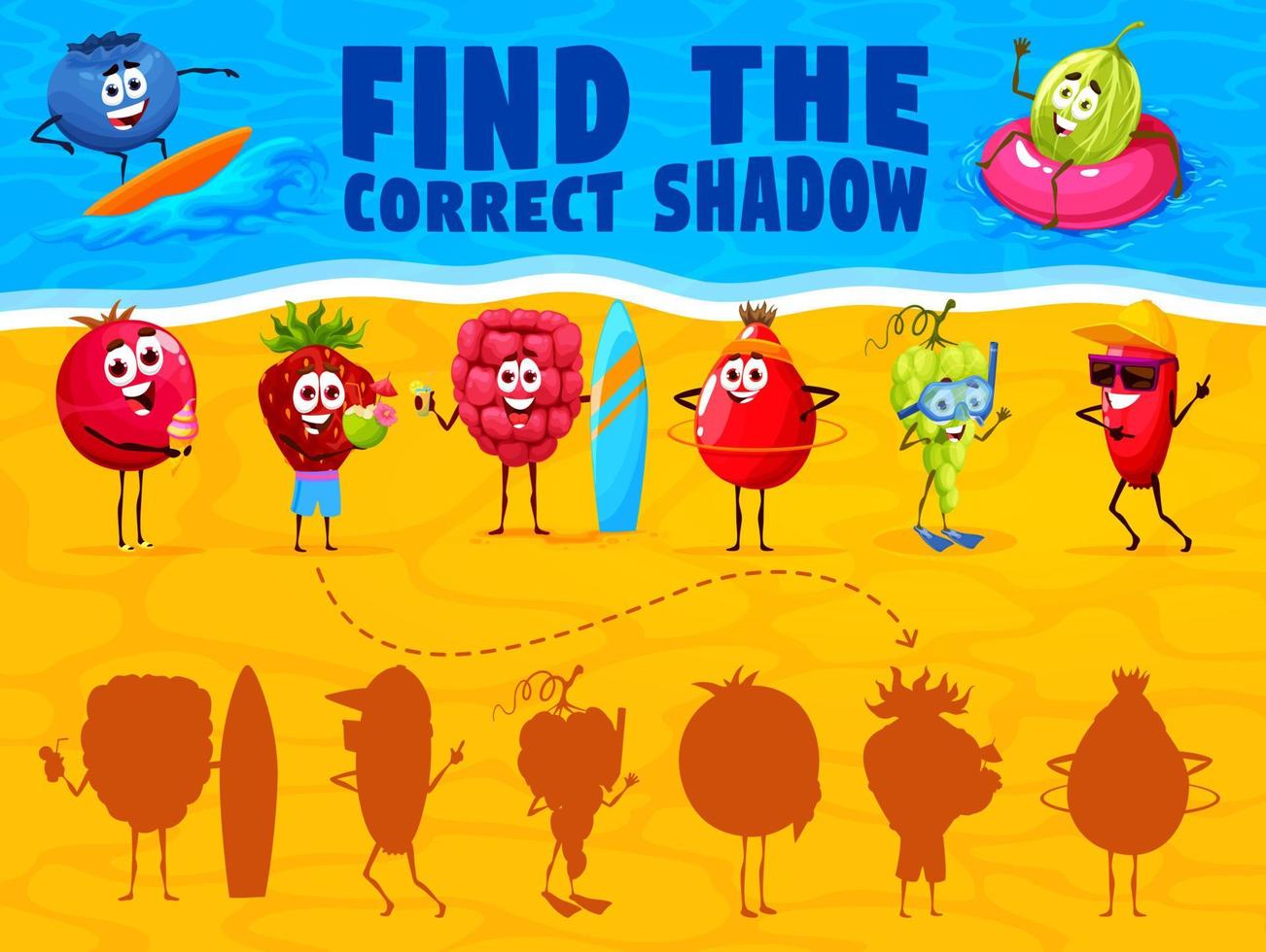 Finden Sie den richtigen Schatten der Cartoon-Beere am Strand vektor