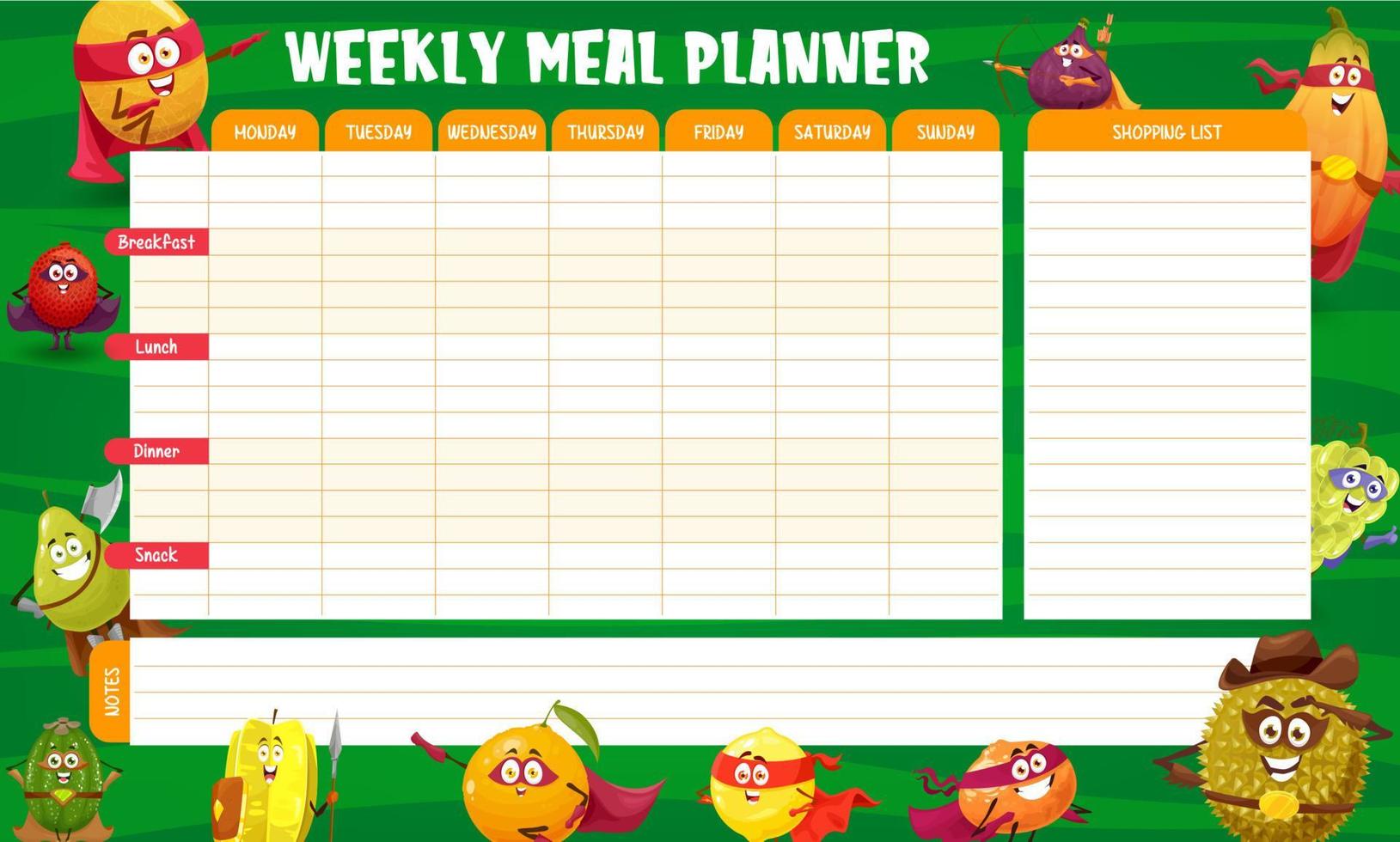 varje vecka måltid planerare schema, frukt superhjälte vektor